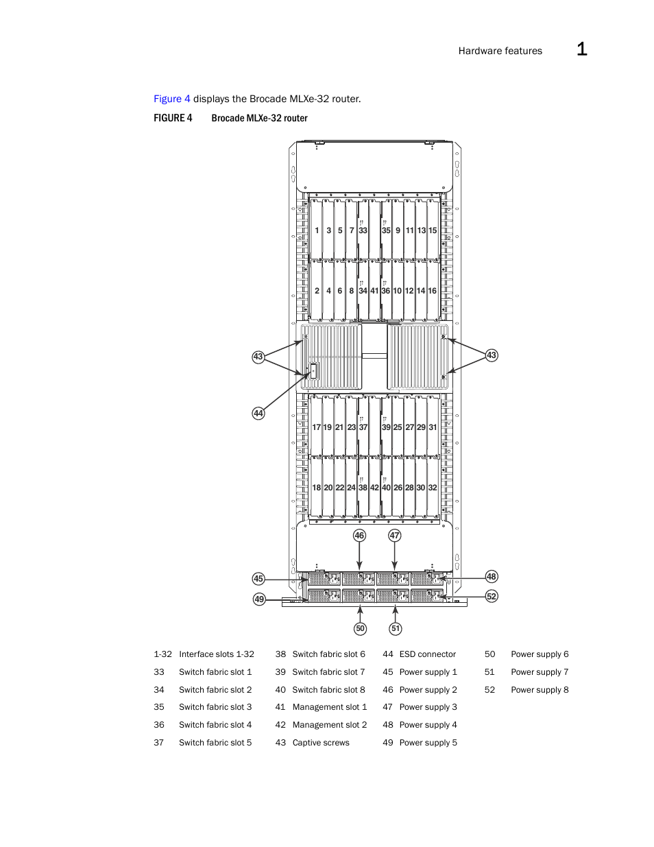 Figure 4, Hardware features, Figure 4 displays the brocade mlxe-32 router | Brocade mlxe-32 router | Brocade Communications Systems Brocade MLX Series and Brocade Netlron XMR 53-1002373-02 User Manual | Page 25 / 452