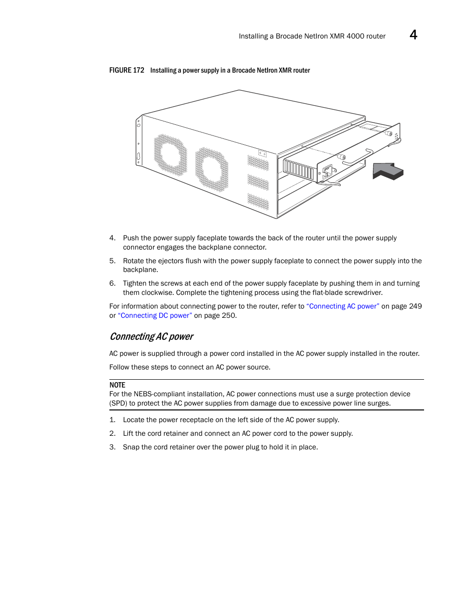 Connecting ac power | Brocade Communications Systems Brocade MLX Series and Brocade Netlron XMR 53-1002373-02 User Manual | Page 267 / 452