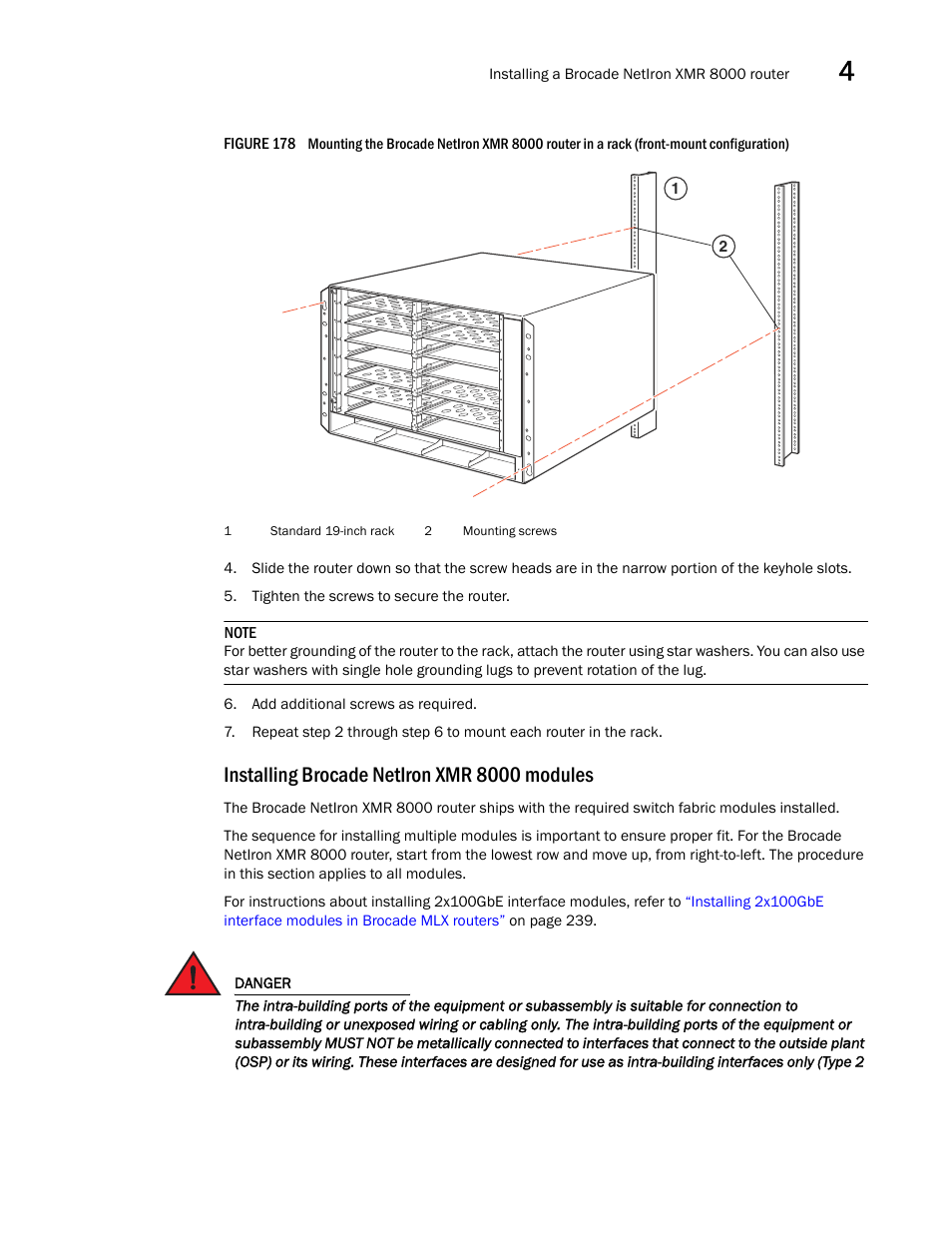 Installing brocade netiron xmr 8000 modules | Brocade Communications Systems Brocade MLX Series and Brocade Netlron XMR 53-1002373-02 User Manual | Page 273 / 452