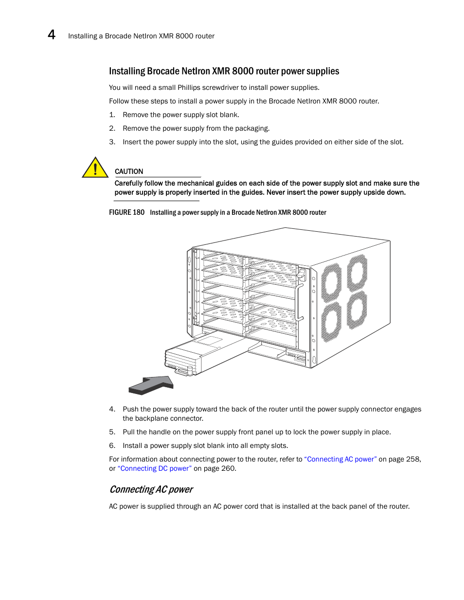 Connecting ac power | Brocade Communications Systems Brocade MLX Series and Brocade Netlron XMR 53-1002373-02 User Manual | Page 276 / 452