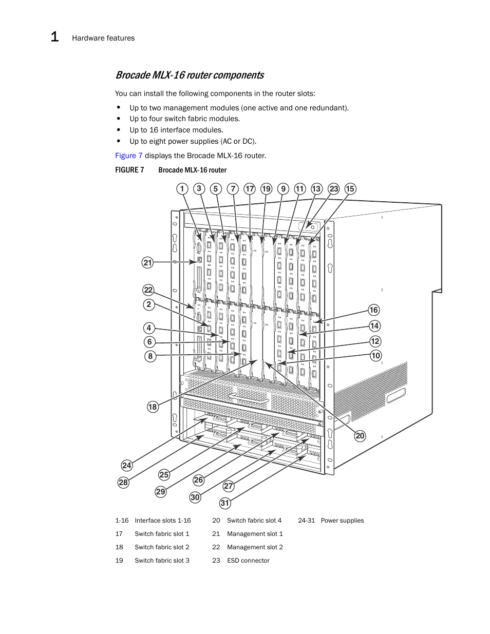E slots (see, Figure 7, Brocade mlx-16 router components | Brocade Communications Systems Brocade MLX Series and Brocade Netlron XMR 53-1002373-02 User Manual | Page 28 / 452