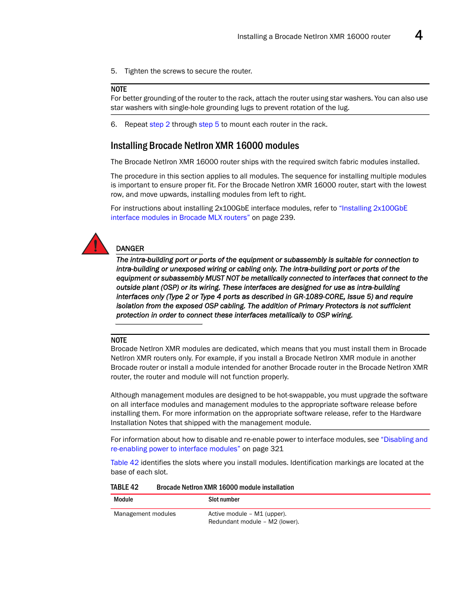 Installing brocade netiron xmr 16000 modules | Brocade Communications Systems Brocade MLX Series and Brocade Netlron XMR 53-1002373-02 User Manual | Page 283 / 452