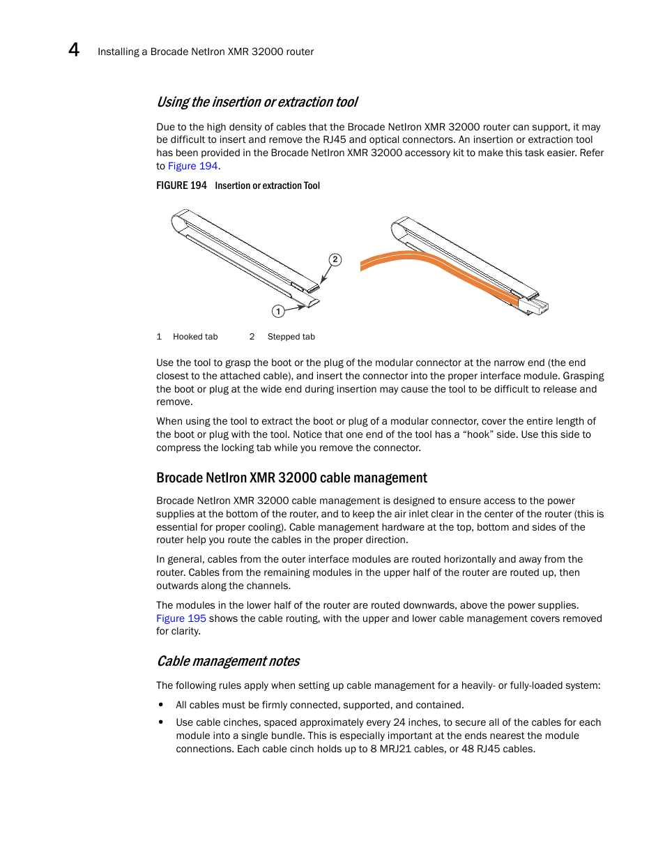Brocade netiron xmr 32000 cable management, Using the insertion or extraction tool | Brocade Communications Systems Brocade MLX Series and Brocade Netlron XMR 53-1002373-02 User Manual | Page 298 / 452