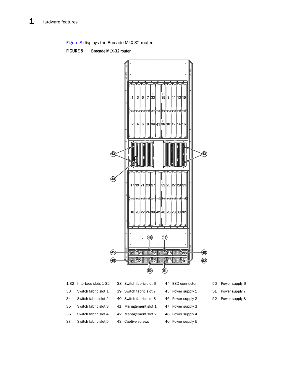 S (see, Figure 8, Hardware features | Figure 8 displays the brocade mlx-32 router, Brocade mlx-32 router | Brocade Communications Systems Brocade MLX Series and Brocade Netlron XMR 53-1002373-02 User Manual | Page 30 / 452