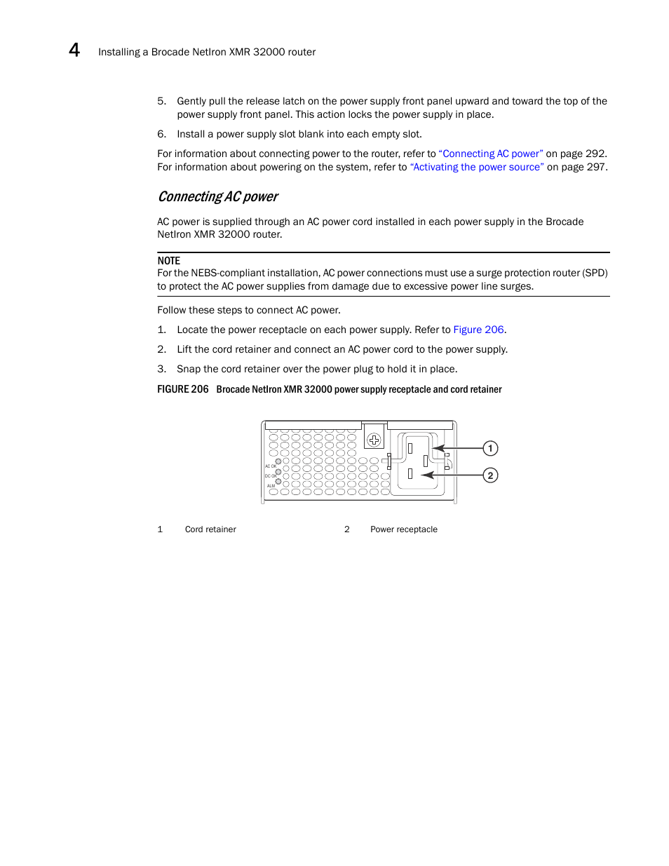 Connecting ac power | Brocade Communications Systems Brocade MLX Series and Brocade Netlron XMR 53-1002373-02 User Manual | Page 310 / 452