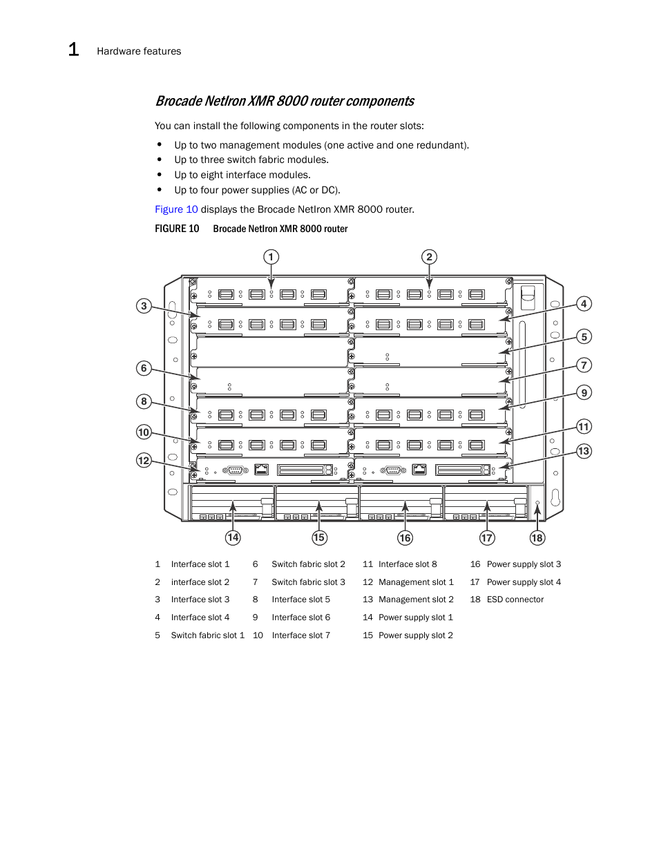 Figure 10, Brocade netiron xmr 8000 router components | Brocade Communications Systems Brocade MLX Series and Brocade Netlron XMR 53-1002373-02 User Manual | Page 32 / 452