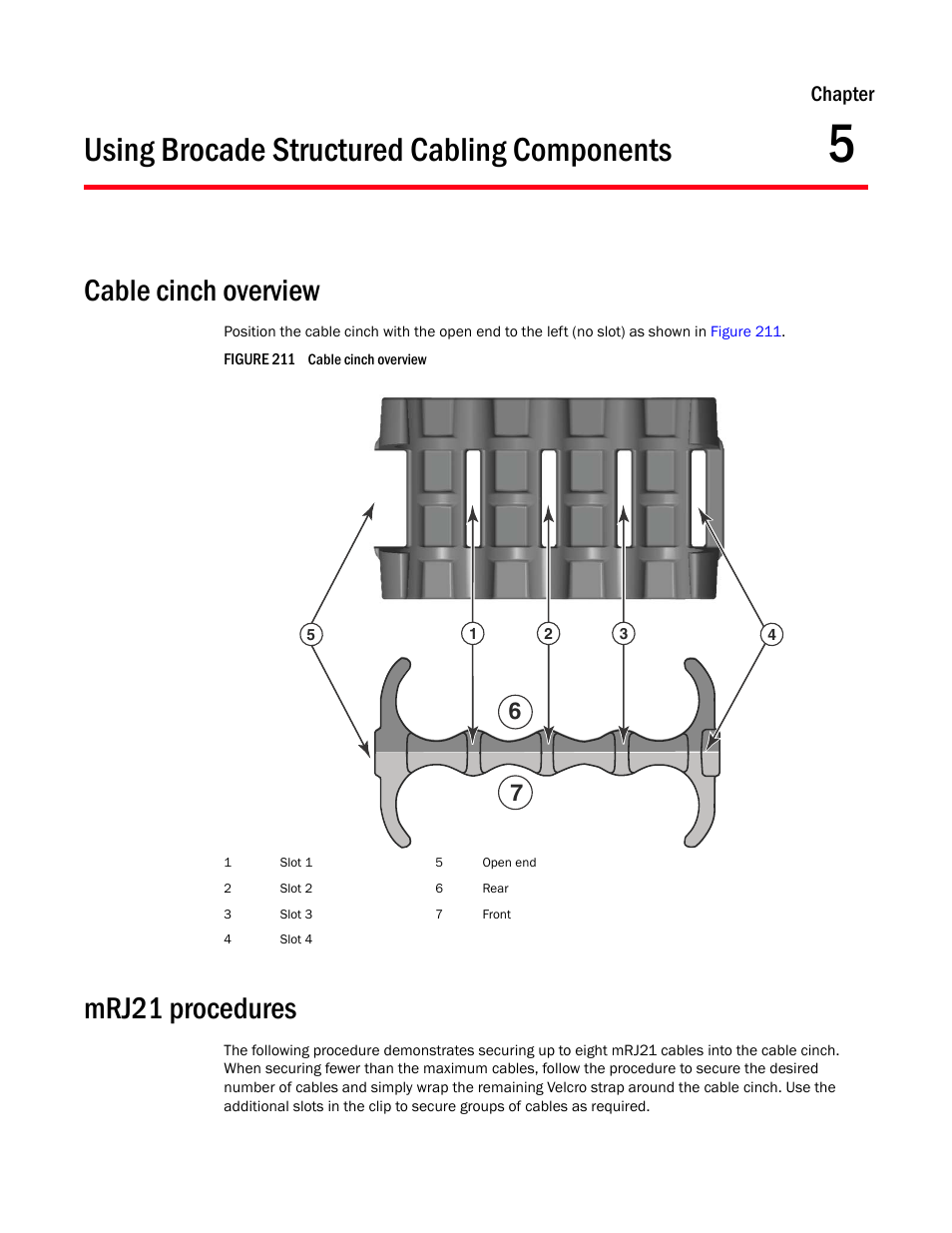 Using brocade structured cabling components, Cable cinch overview, Mrj21 procedures | Chapter 5, Chapter 5, “using brocade, Structured cabling components, Chapter | Brocade Communications Systems Brocade MLX Series and Brocade Netlron XMR 53-1002373-02 User Manual | Page 321 / 452