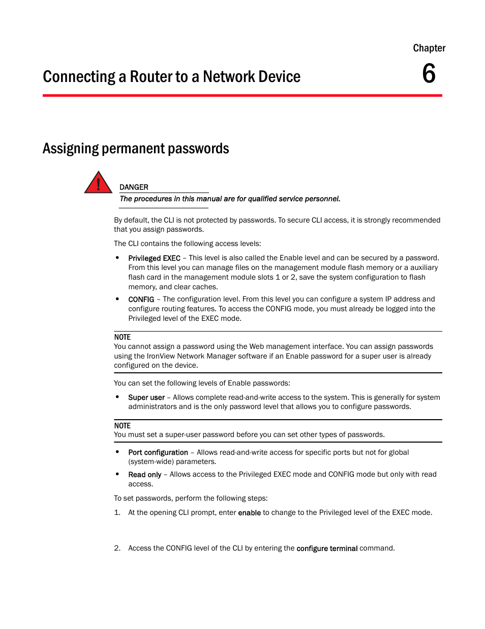 Connecting a router to a network device, Assigning permanent passwords, Chapter 6 | Brocade Communications Systems Brocade MLX Series and Brocade Netlron XMR 53-1002373-02 User Manual | Page 331 / 452