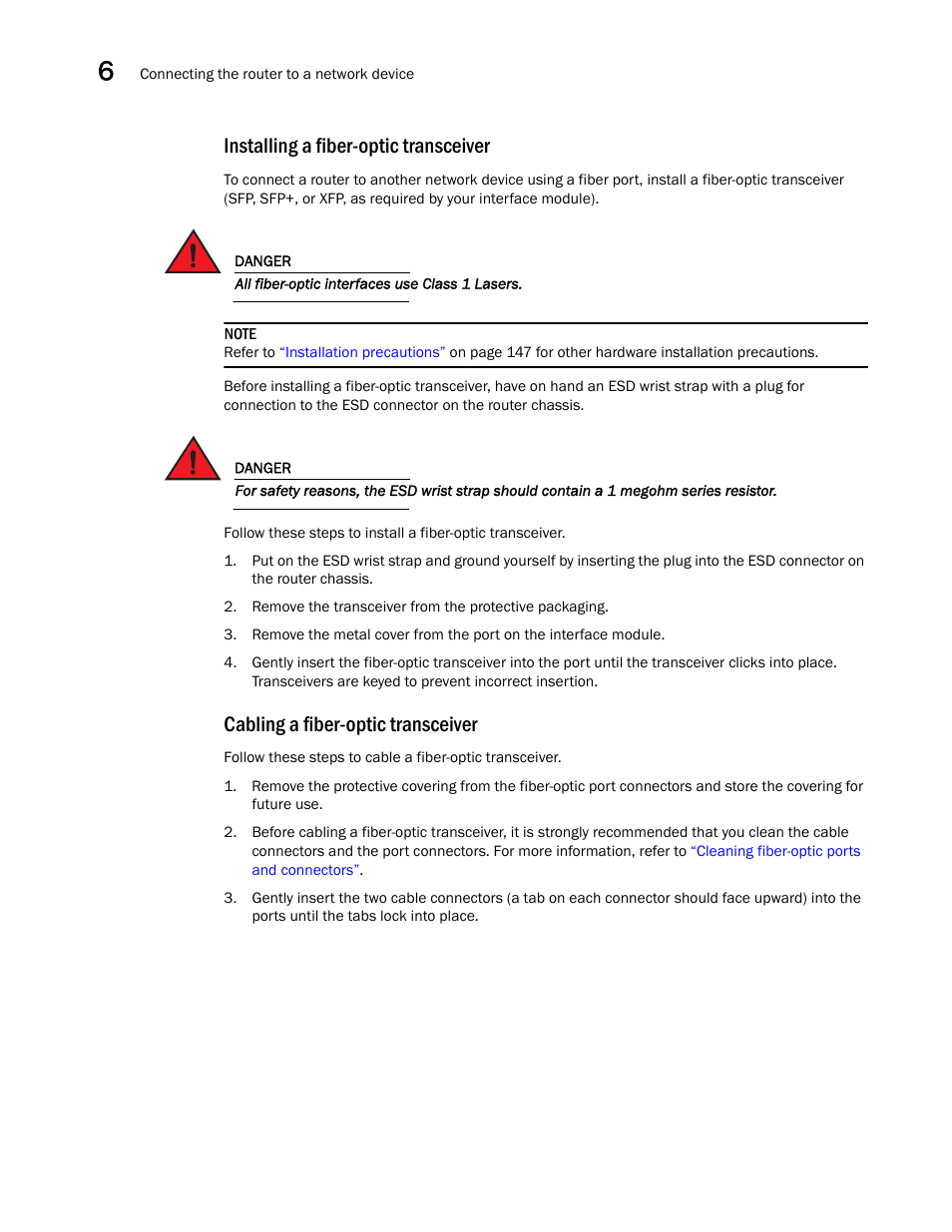 Installing a fiber-optic transceiver, Cabling a fiber-optic transceiver, Installing a | Fiber-optic transceiver | Brocade Communications Systems Brocade MLX Series and Brocade Netlron XMR 53-1002373-02 User Manual | Page 336 / 452