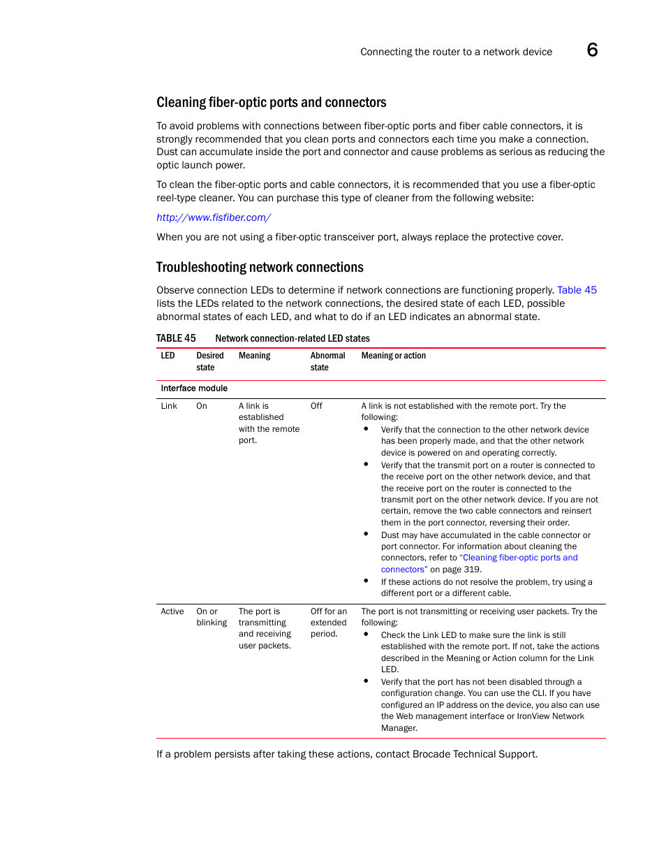 Cleaning fiber-optic ports and connectors, Troubleshooting network connections, Table 45 | Cleaning fiber-optic ports, And connectors | Brocade Communications Systems Brocade MLX Series and Brocade Netlron XMR 53-1002373-02 User Manual | Page 337 / 452