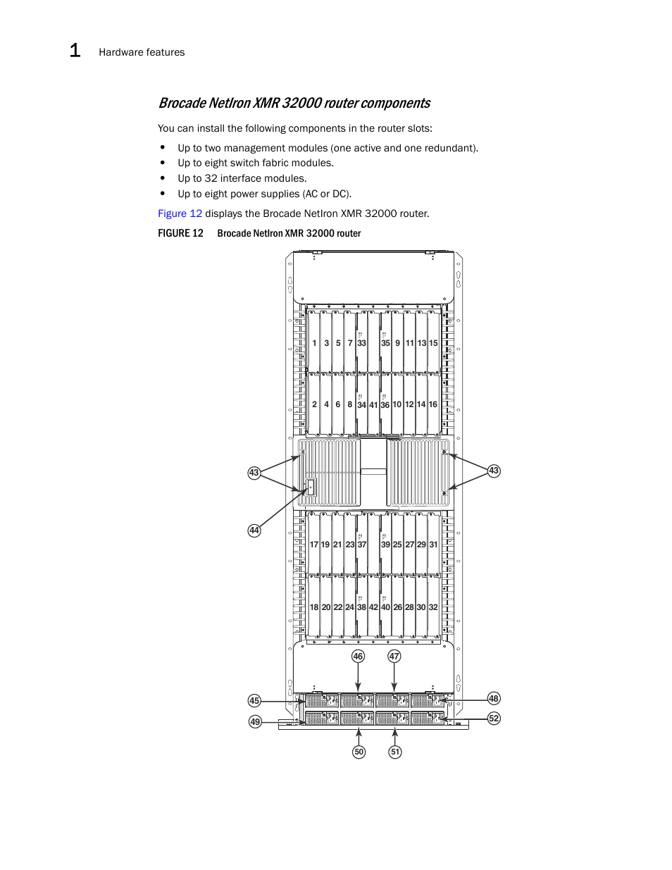 Figure 12, Hardware features, Up to eight switch fabric modules | Up to 32 interface modules | Brocade Communications Systems Brocade MLX Series and Brocade Netlron XMR 53-1002373-02 User Manual | Page 34 / 452