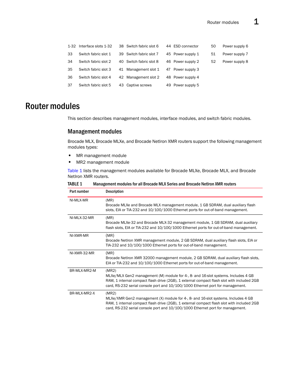 Router modules, Management modules | Brocade Communications Systems Brocade MLX Series and Brocade Netlron XMR 53-1002373-02 User Manual | Page 35 / 452