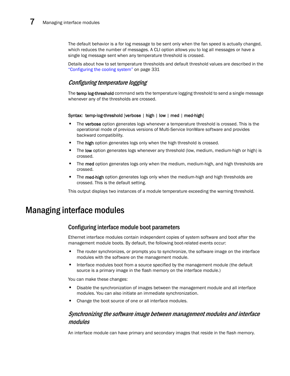 Managing interface modules, Configuring interface module boot parameters, Configuring temperature logging | Brocade Communications Systems Brocade MLX Series and Brocade Netlron XMR 53-1002373-02 User Manual | Page 356 / 452