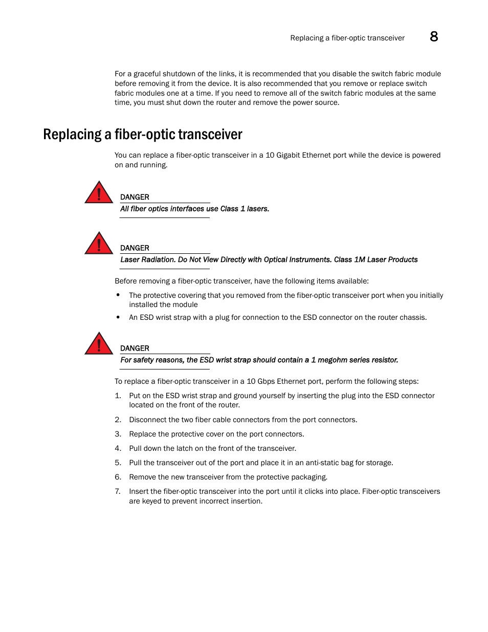 Replacing a fiber-optic transceiver | Brocade Communications Systems Brocade MLX Series and Brocade Netlron XMR 53-1002373-02 User Manual | Page 371 / 452