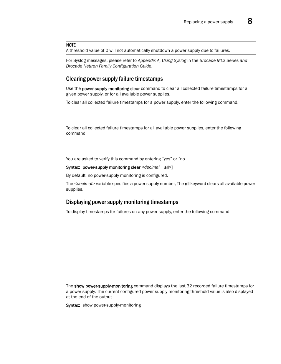 Clearing power supply failure timestamps, Displaying power supply monitoring timestamps | Brocade Communications Systems Brocade MLX Series and Brocade Netlron XMR 53-1002373-02 User Manual | Page 373 / 452