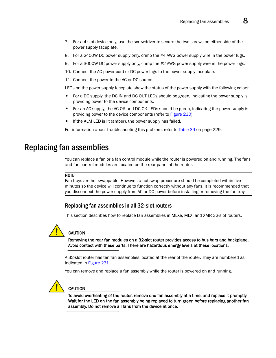 Replacing fan assemblies, Replacing fan assemblies in all 32-slot routers | Brocade Communications Systems Brocade MLX Series and Brocade Netlron XMR 53-1002373-02 User Manual | Page 377 / 452