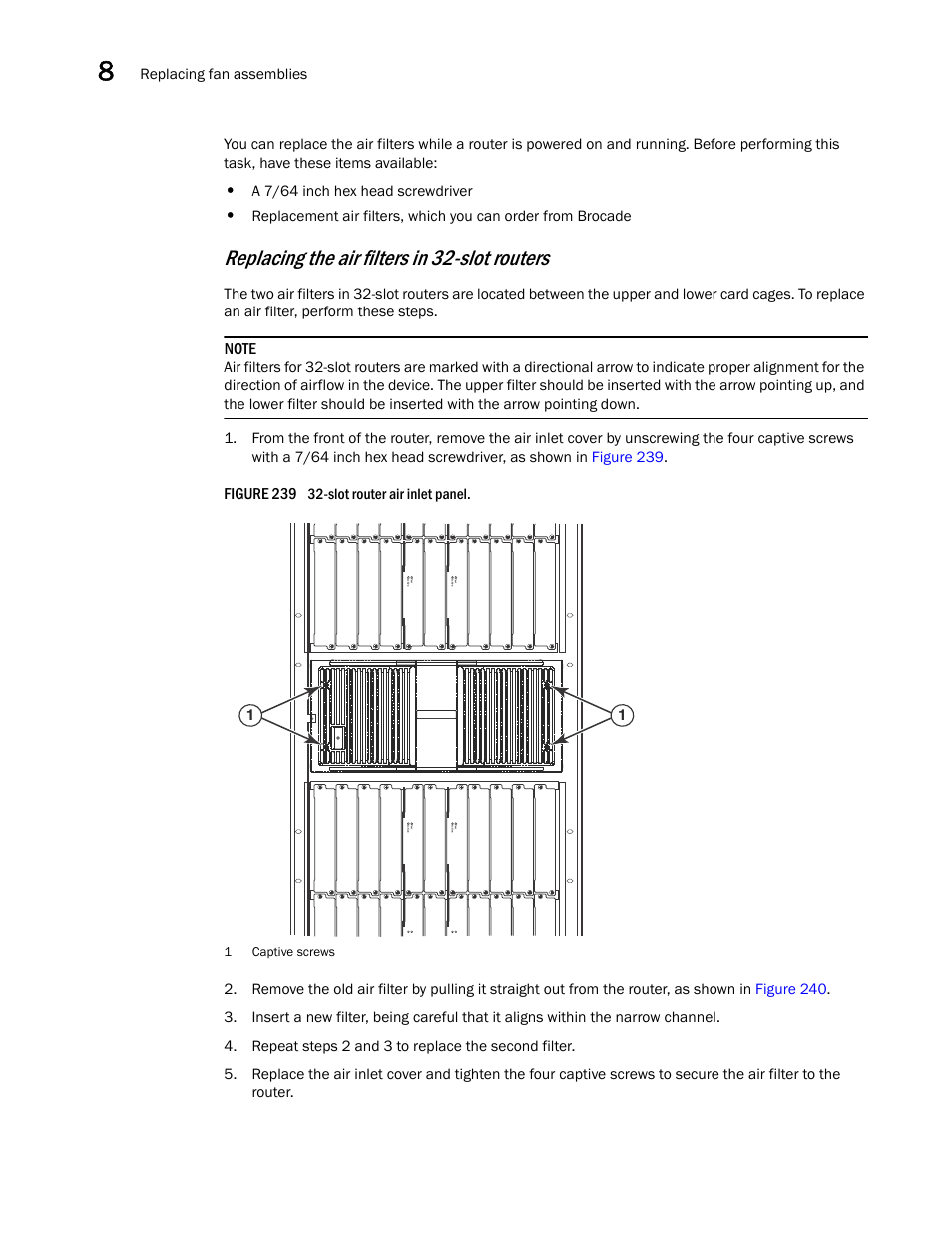 Replacing the air filters in 32-slot routers | Brocade Communications Systems Brocade MLX Series and Brocade Netlron XMR 53-1002373-02 User Manual | Page 386 / 452