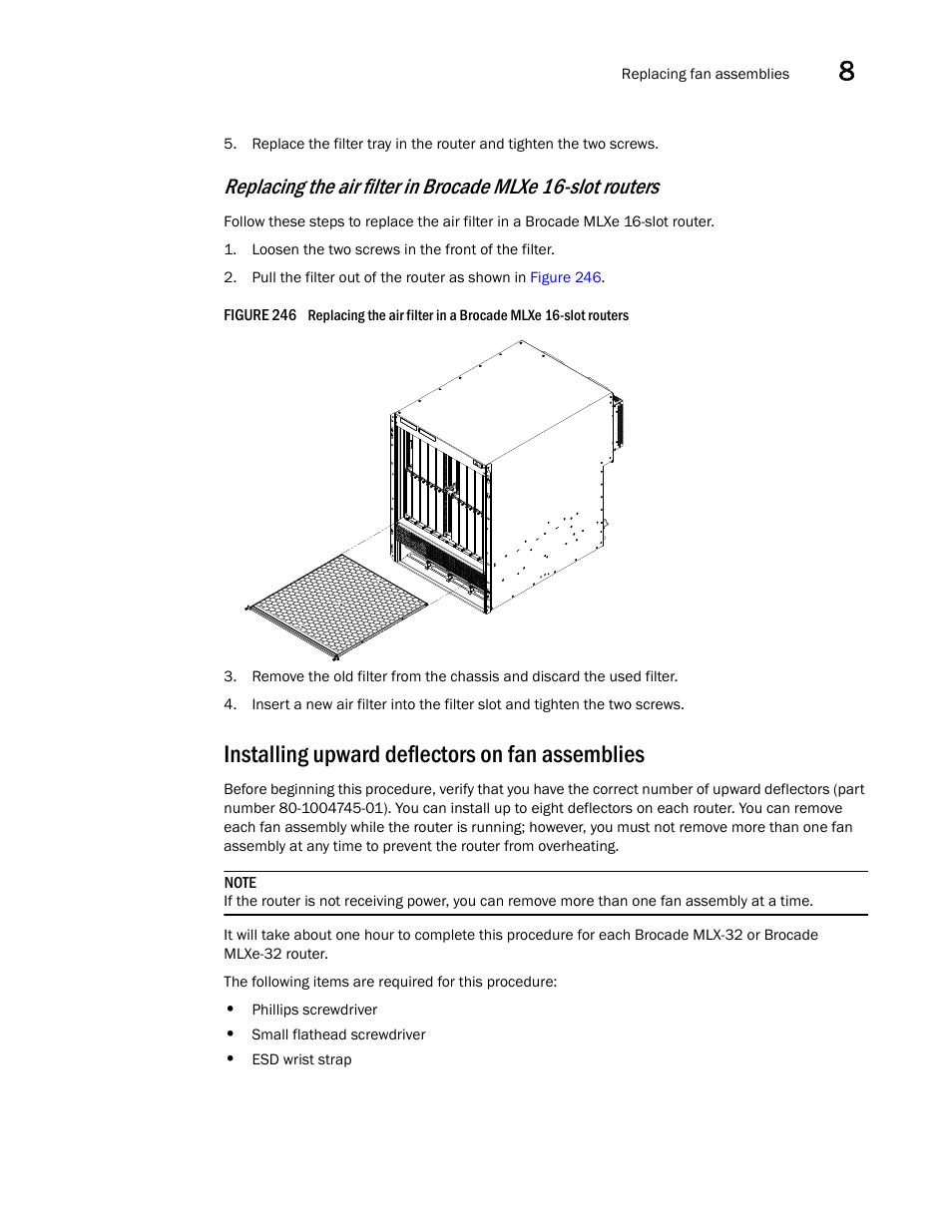 Installing upward deflectors on fan assemblies | Brocade Communications Systems Brocade MLX Series and Brocade Netlron XMR 53-1002373-02 User Manual | Page 391 / 452