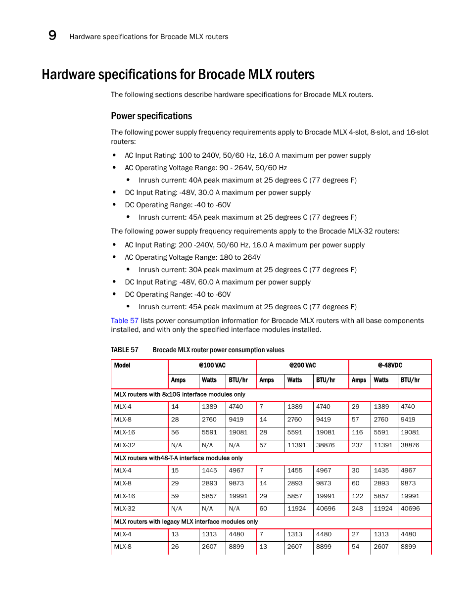 Hardware specifications for brocade mlx routers, Power specifications | Brocade Communications Systems Brocade MLX Series and Brocade Netlron XMR 53-1002373-02 User Manual | Page 402 / 452