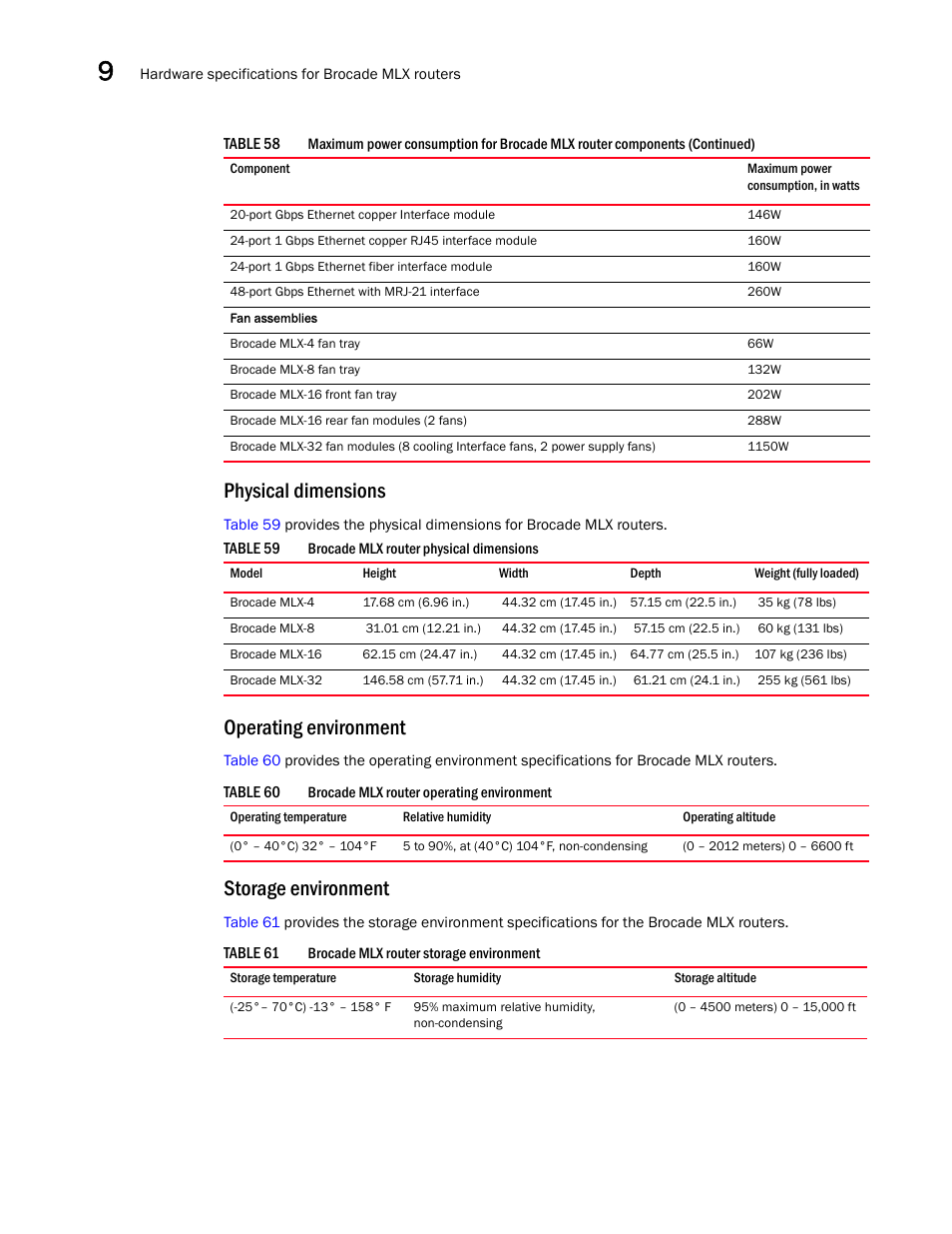 Physical dimensions, Operating environment, Storage environment | Brocade Communications Systems Brocade MLX Series and Brocade Netlron XMR 53-1002373-02 User Manual | Page 404 / 452