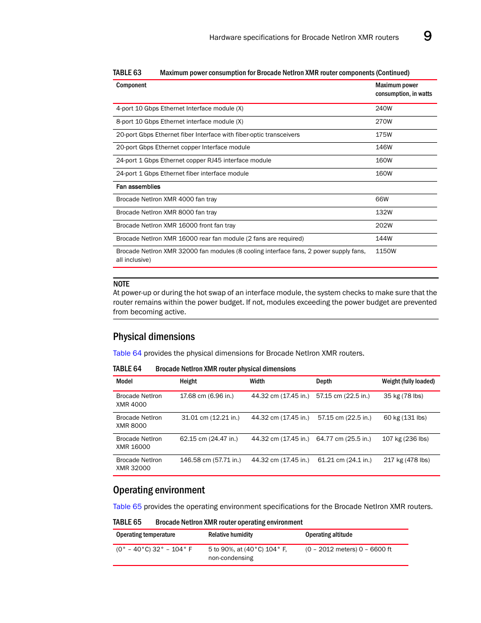 Physical dimensions, Operating environment | Brocade Communications Systems Brocade MLX Series and Brocade Netlron XMR 53-1002373-02 User Manual | Page 407 / 452