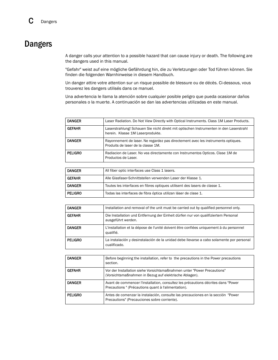 Dangers | Brocade Communications Systems Brocade MLX Series and Brocade Netlron XMR 53-1002373-02 User Manual | Page 444 / 452