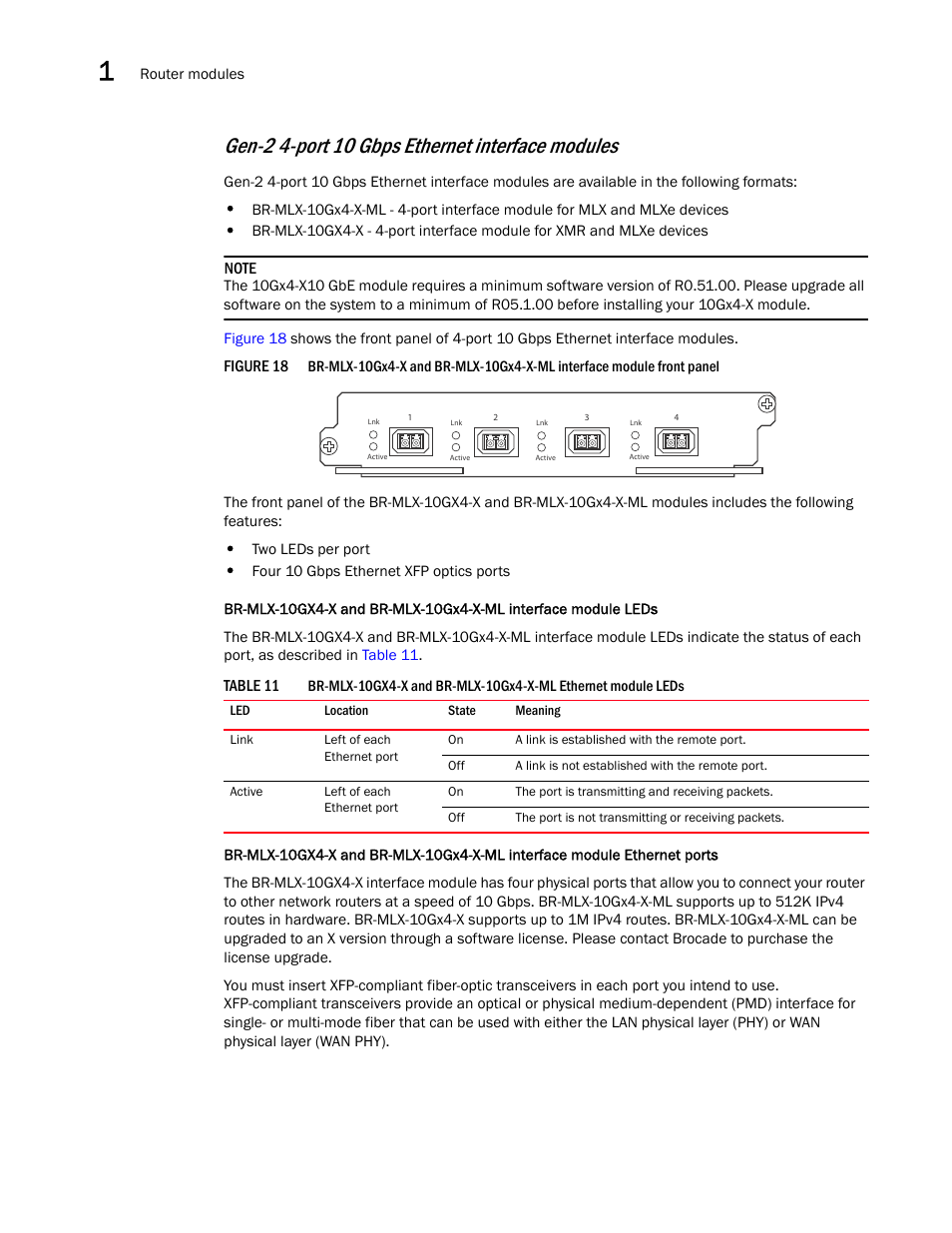 Gen-2 4-port 10 gbps ethernet interface modules | Brocade Communications Systems Brocade MLX Series and Brocade Netlron XMR 53-1002373-02 User Manual | Page 50 / 452