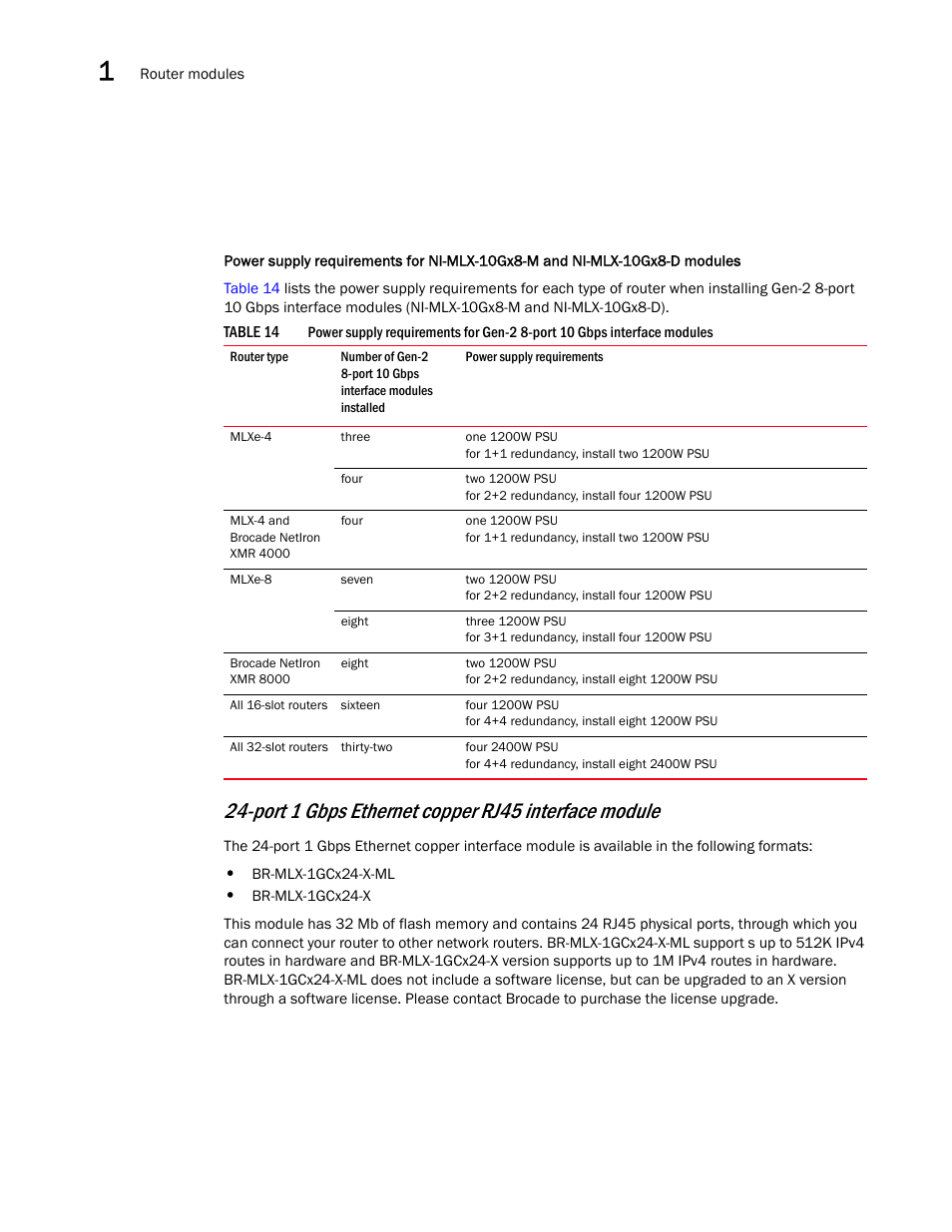 Port 1 gbps ethernet copper rj45 interface module | Brocade Communications Systems Brocade MLX Series and Brocade Netlron XMR 53-1002373-02 User Manual | Page 54 / 452