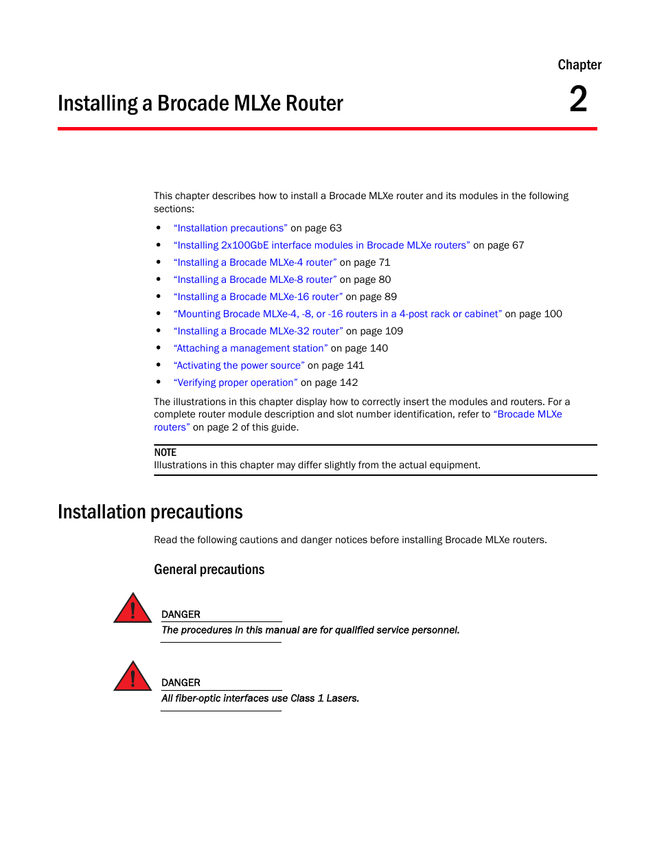 Installing a brocade mlxe router, Installation precautions, General precautions | Chapter 2, Chapter 2, “installing a brocade mlxe router, Chapter | Brocade Communications Systems Brocade MLX Series and Brocade Netlron XMR 53-1002373-02 User Manual | Page 81 / 452