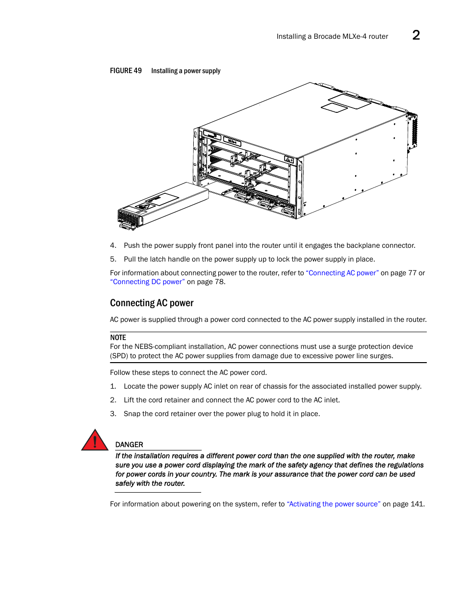 Connecting ac power | Brocade Communications Systems Brocade MLX Series and Brocade Netlron XMR 53-1002373-02 User Manual | Page 95 / 452