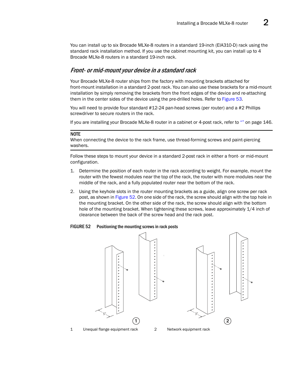 Front- or mid-mount your device in a standard rack | Brocade Communications Systems Brocade MLX Series and Brocade Netlron XMR 53-1002373-02 User Manual | Page 99 / 452