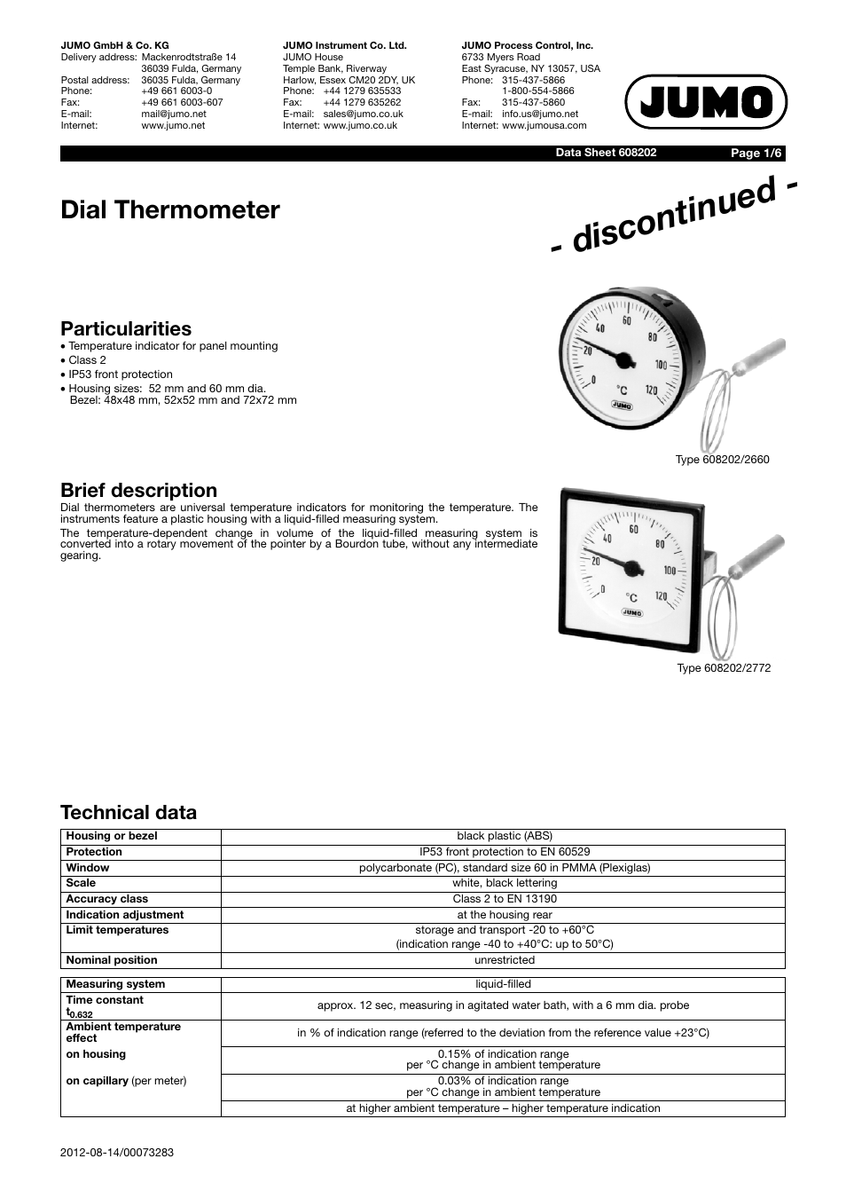 JUMO 608202 Dial Thermometer Data Sheet User Manual | 6 pages