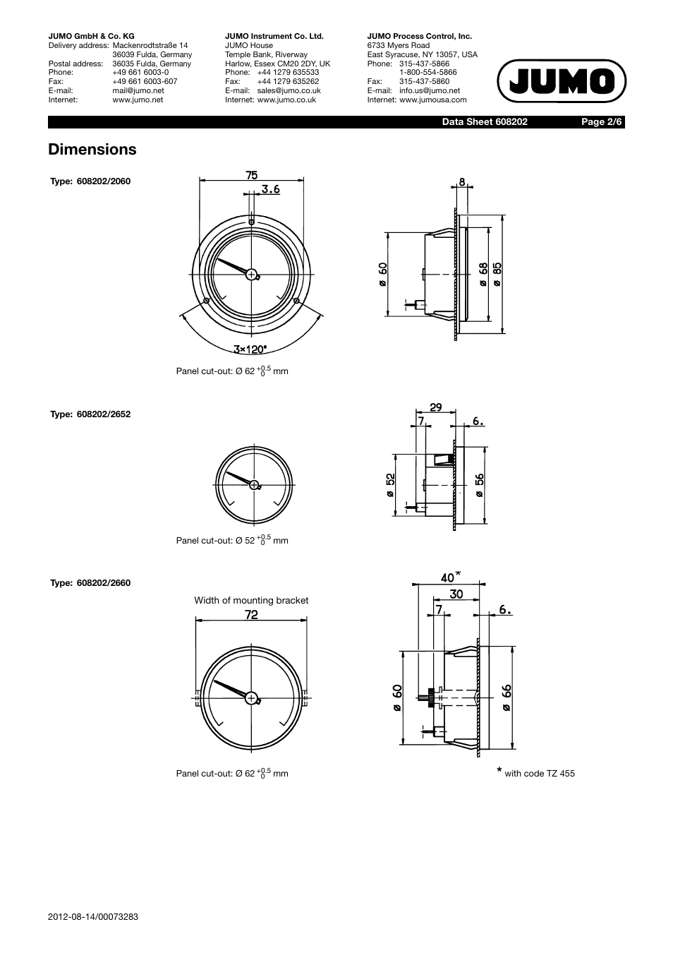 Dimensions | JUMO 608202 Dial Thermometer Data Sheet User Manual | Page 2 / 6