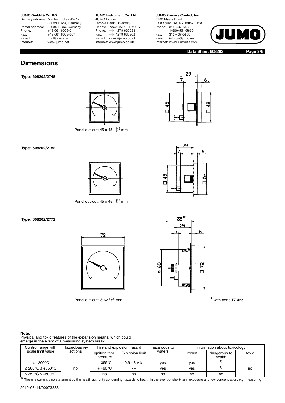 Dimensions | JUMO 608202 Dial Thermometer Data Sheet User Manual | Page 3 / 6