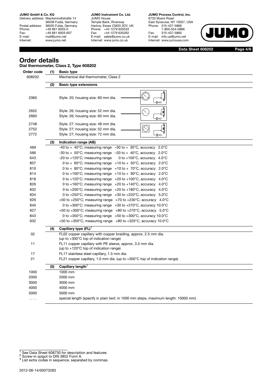 Order details | JUMO 608202 Dial Thermometer Data Sheet User Manual | Page 4 / 6
