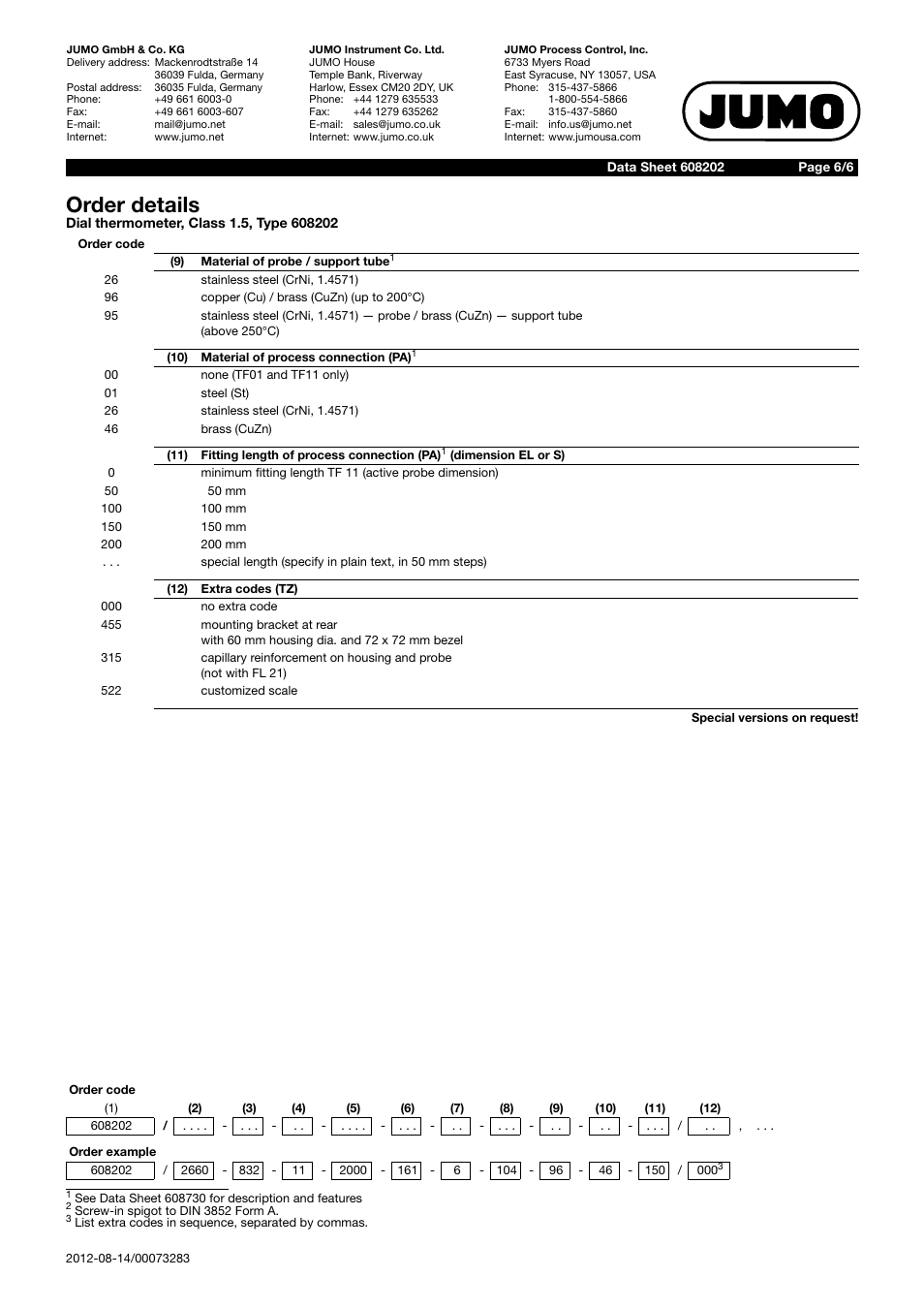 Order details | JUMO 608202 Dial Thermometer Data Sheet User Manual | Page 6 / 6