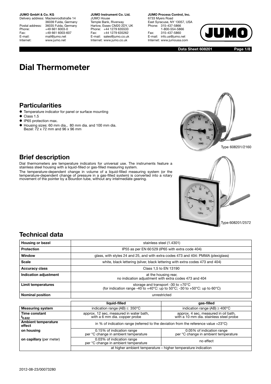 JUMO 60.8201 Dial thermometer Data Sheet User Manual | 8 pages