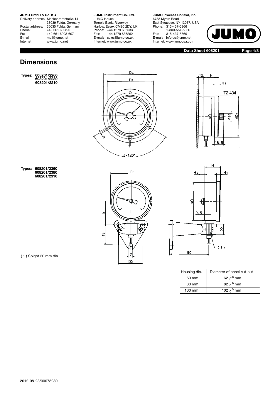 Dimensions | JUMO 60.8201 Dial thermometer Data Sheet User Manual | Page 4 / 8