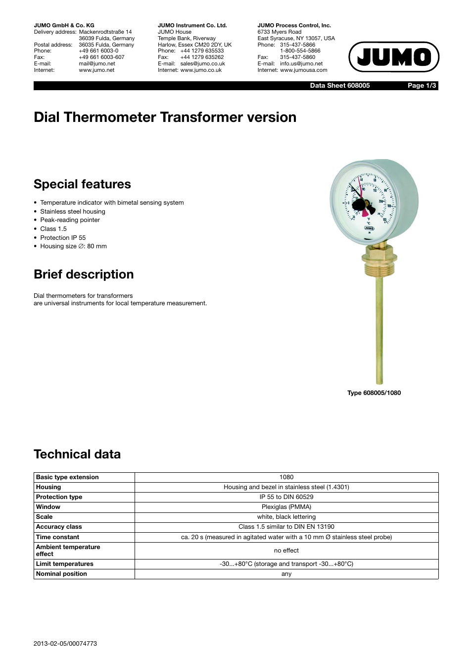 JUMO 60.8005 Dial thermometer, transformer version Data Sheet User Manual | 3 pages