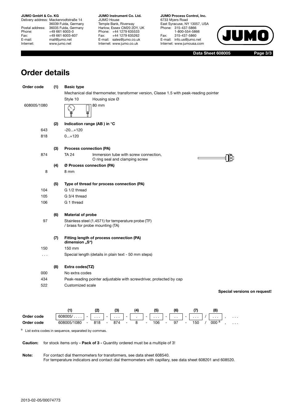 Order details | JUMO 60.8005 Dial thermometer, transformer version Data Sheet User Manual | Page 3 / 3