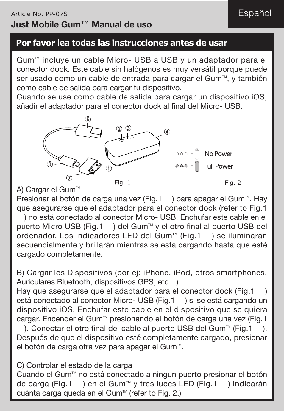 Español, Just mobile gum ™ manual de uso | Just Mobile Gum User Manual | Page 11 / 12