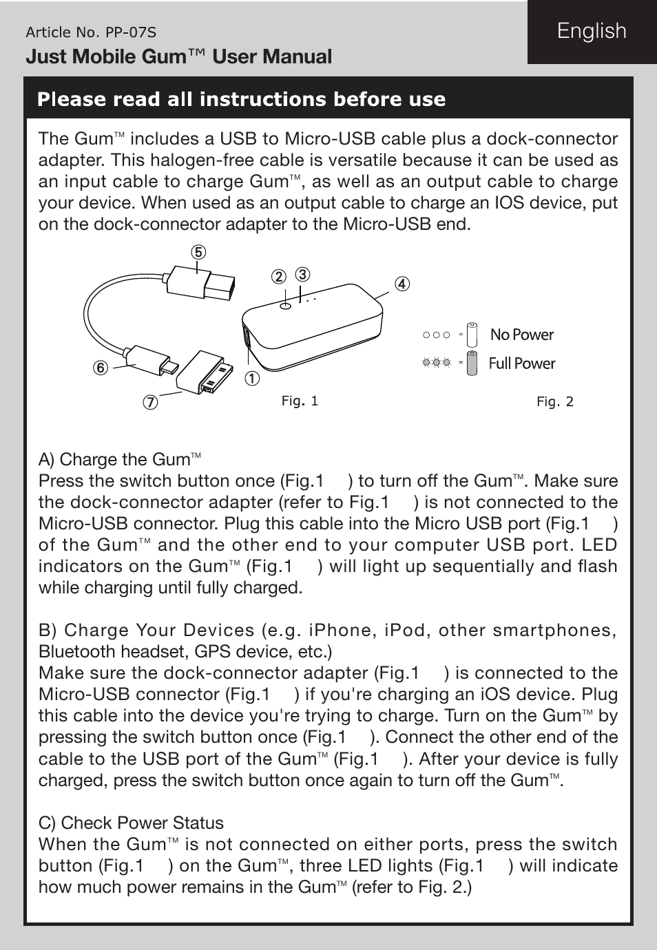 English, Just mobile gum ™ user manual | Just Mobile Gum User Manual | Page 3 / 12