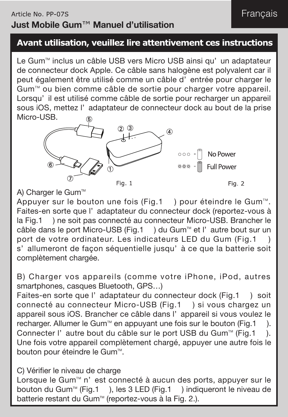 Français, Just mobile gum ™ manuel d’utilisation | Just Mobile Gum User Manual | Page 7 / 12