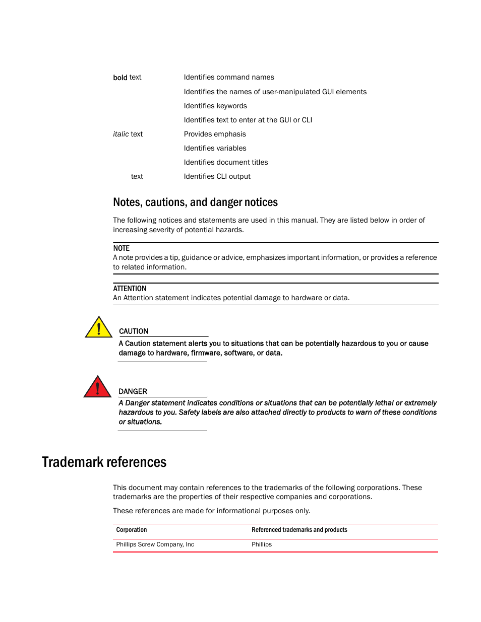 Notes, cautions, and danger notices, Trademark references | Brocade BigIron RX Series Hardware Reference Manual User Manual | Page 10 / 206