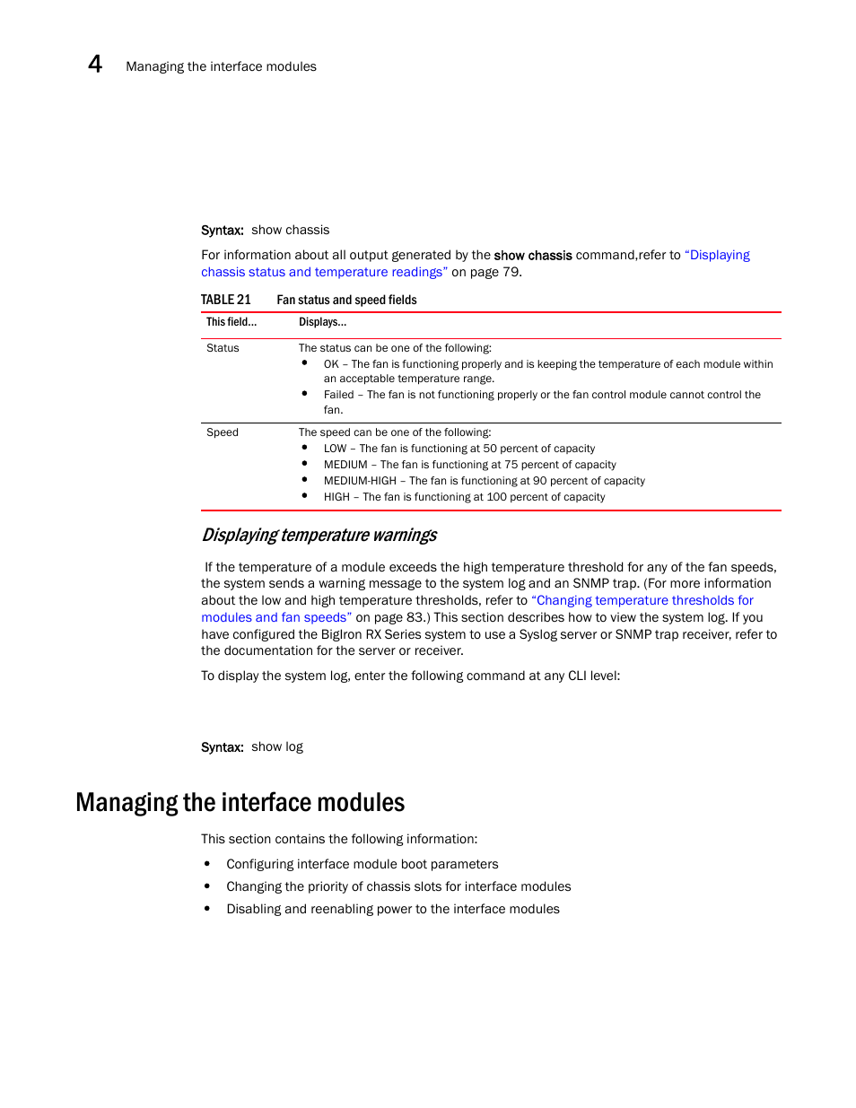 Managing the interface modules, Displaying temperature warnings | Brocade BigIron RX Series Hardware Reference Manual User Manual | Page 100 / 206