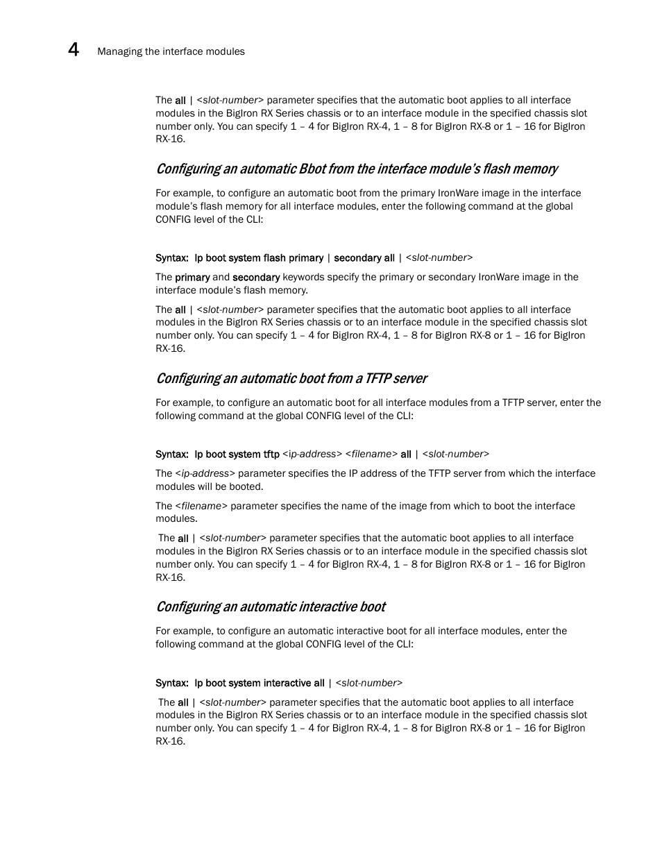 Configuring an automatic boot from a tftp server, Configuring an automatic interactive boot | Brocade BigIron RX Series Hardware Reference Manual User Manual | Page 106 / 206