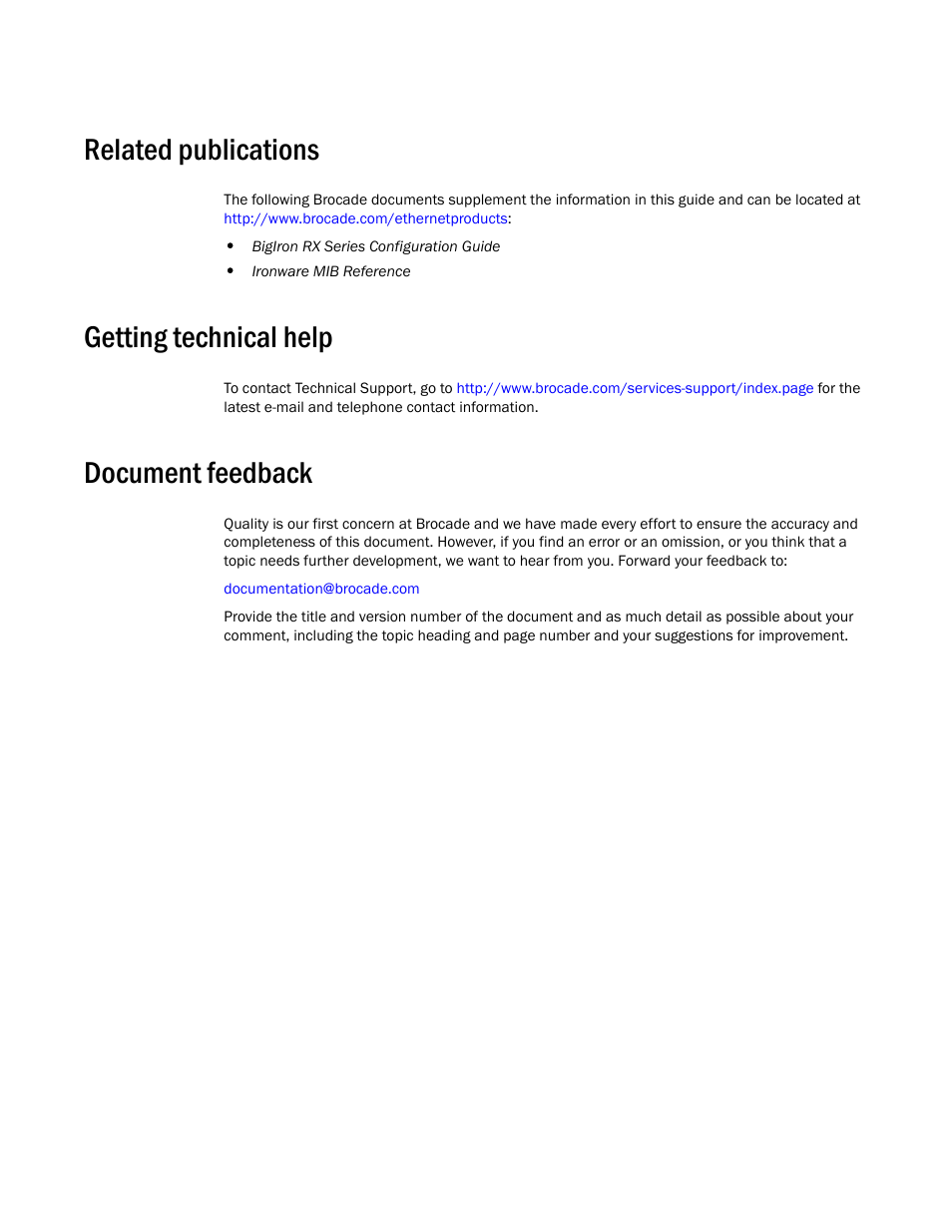 Related publications, Getting technical help, Document feedback | Brocade BigIron RX Series Hardware Reference Manual User Manual | Page 11 / 206