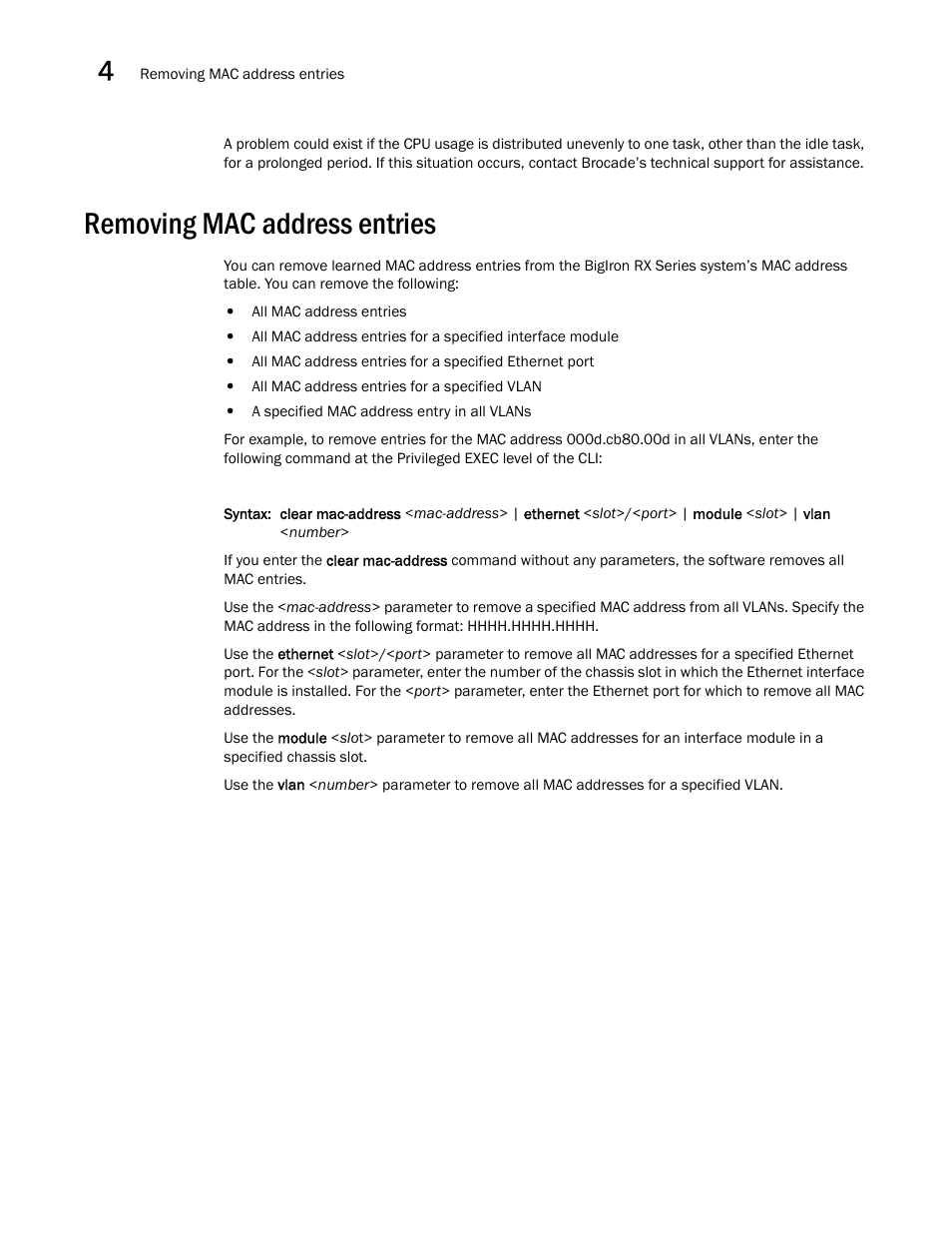 Removing mac address entries | Brocade BigIron RX Series Hardware Reference Manual User Manual | Page 110 / 206