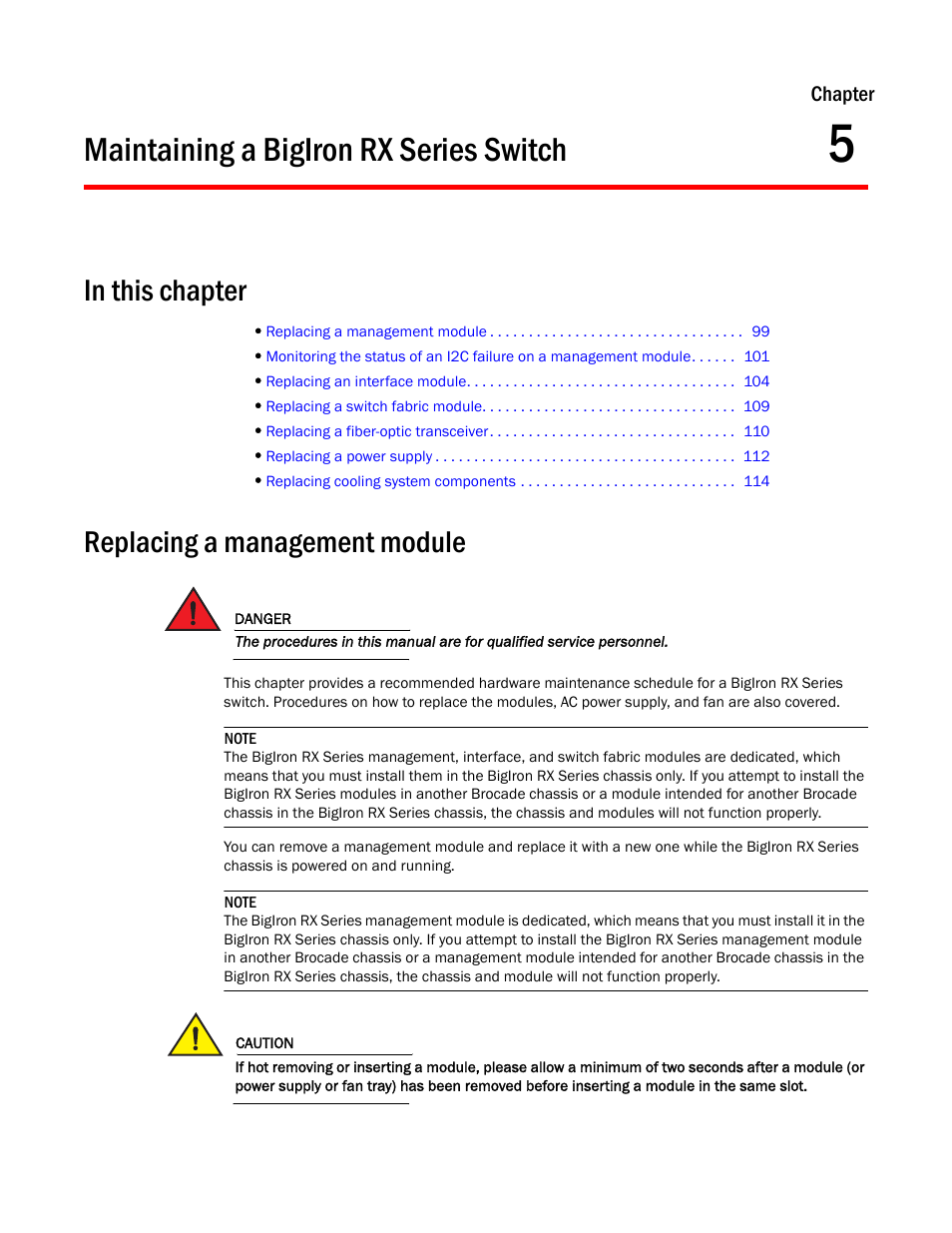 Maintaining a bigiron rx series switch, Replacing a management module, Chapter 5 | Brocade BigIron RX Series Hardware Reference Manual User Manual | Page 111 / 206