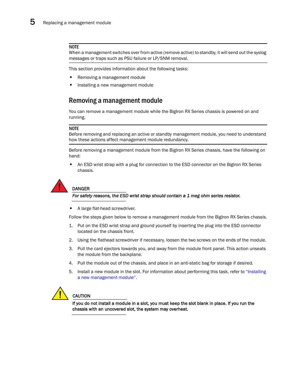 Removing a management module | Brocade BigIron RX Series Hardware Reference Manual User Manual | Page 112 / 206